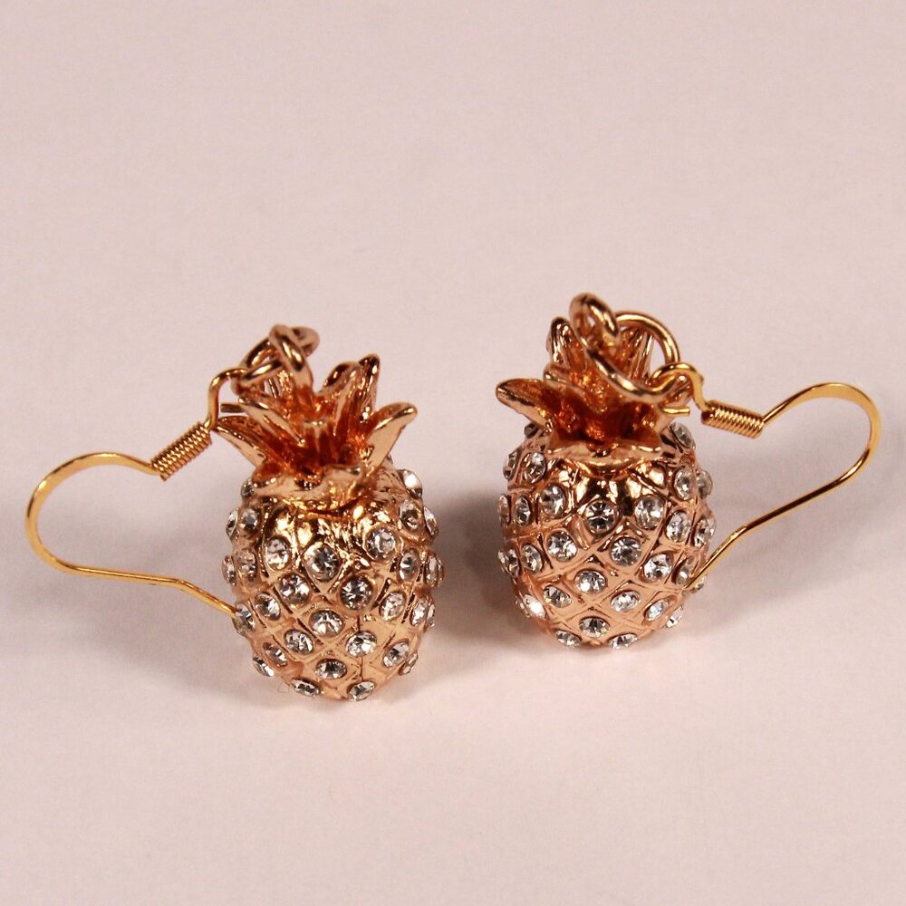 NWOT Gold Pineapple and Rhinestones Drop Earrings - Picture 2 of 8